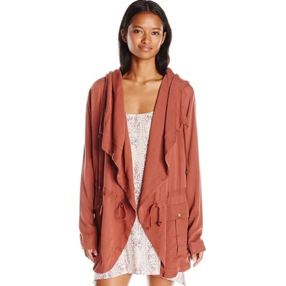 Billabong Lightweight Hooded Rose Vale Red Open Front Utility Jacket Size Medium